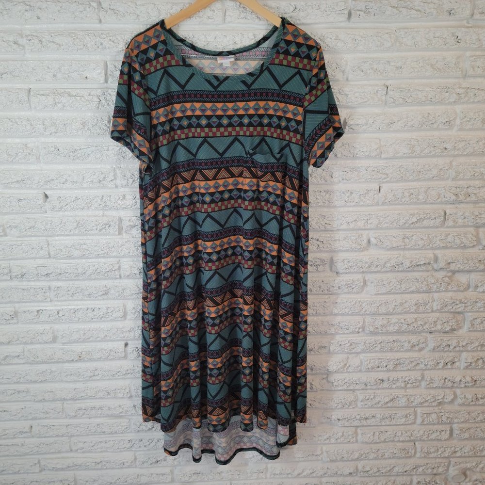 LuLaRoe High-Low Dress in Teal with Coral and Navy Geometric Print